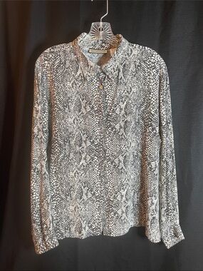 Black & Cream blouse | Snake-Print Button-Up Top | 100% Silk | size XL